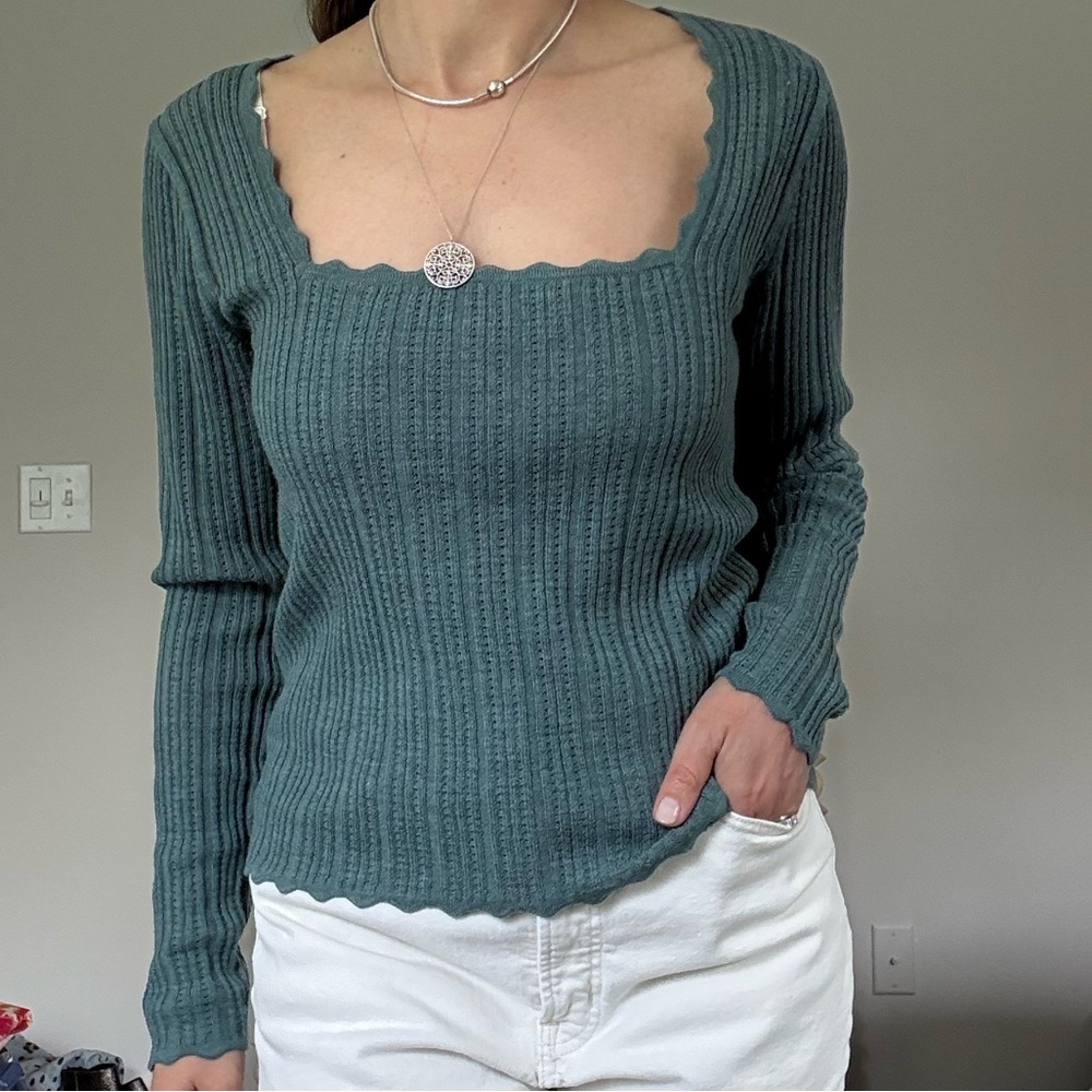 J. Crew Scalloped- Edge Pointelle Green Wool Sweater - Picture 10 of 10